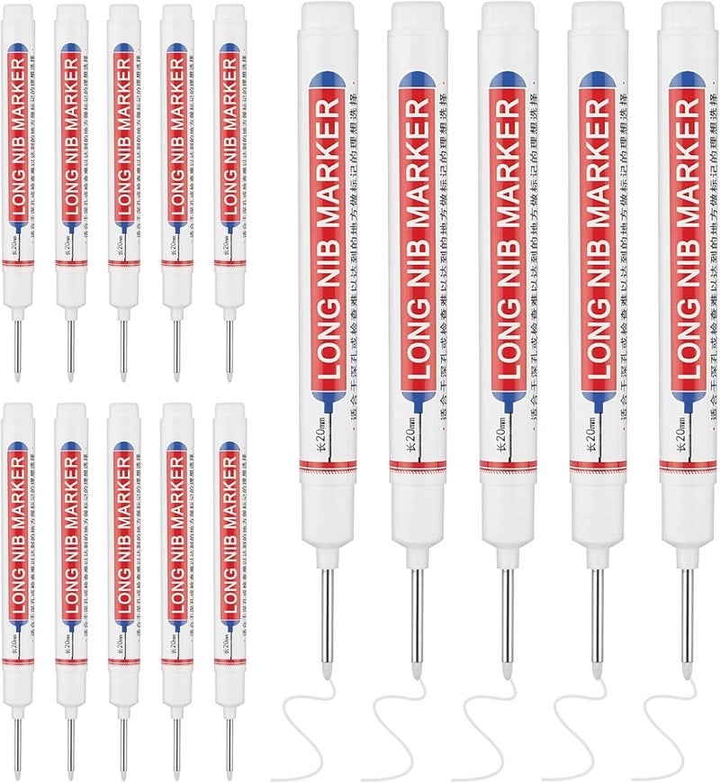 Mkobon 15 Pcs Long Head Deep Hole Marker, 20 mm Long Nose Nib Deep Reach Metal Marking Pen, Quick-drying Waterproof Permanent Pens For Carpenter, Woodworking, Construction (White) - Image 1